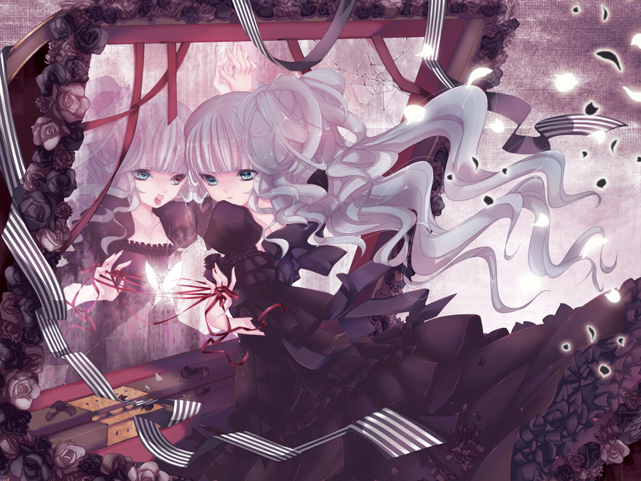 dress long_hair mirror petals pompier reflection silver_hair vocaloid white_melody white_melody_(vocaloid)