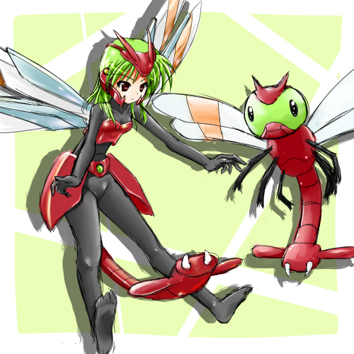 1girl armor bodysuit costume green_hair insect insect_wings lowres moemon personification pokemon pokemon_(creature) pokemon_(game) pokemon_gsc tail tenjou_ryuka wings yanma