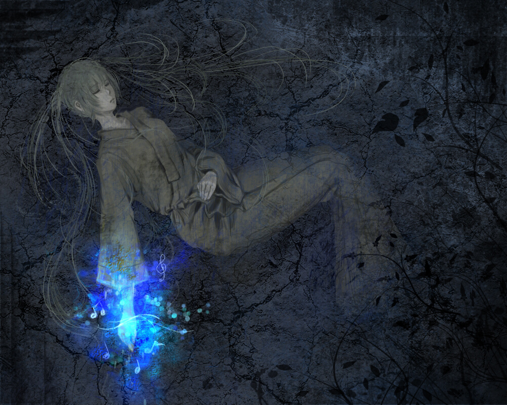 dark glowing hatsune_miku leaf leaves long_hair lost_story lying musical_note plant robe very_long_hair vocaloid