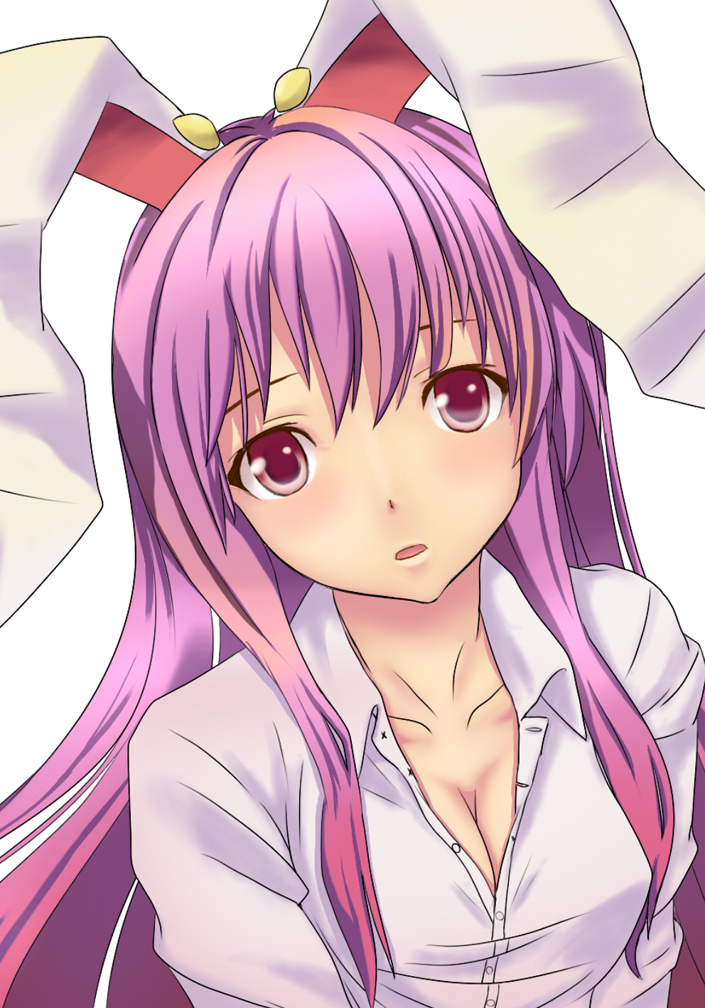 breasts breath bunny_ears cleavage collarbone face highres long_hair miu_(angelo_whitechoc) open_clothes open_shirt purple_eyes purple_hair rabbit_ears red_eyes reisen_udongein_inaba shirt solo touhou unbuttoned violet_eyes