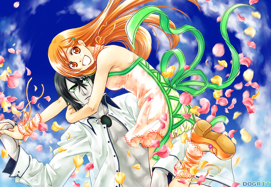 1boy 1girl :d bad_id black_hair bleach dress espada facial_mark flower foot_out_of_frame green_eyes hair_between_eyes hole_on_body inoue_orihime interlocked_fingers long_hair long_sleeves open_clothes open_mouth orange_eyes orange_hair smile tomuomi ulquiorra_cifer ulquiorra_schiffer white_skin