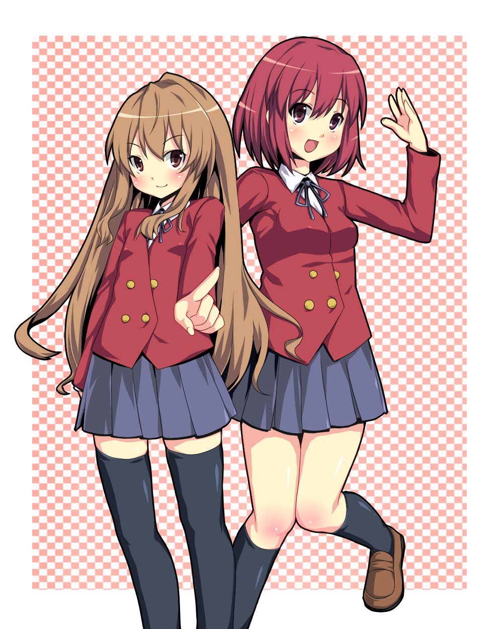 bad_id brown_eyes brown_hair checkered checkered_background highres kuro_minamo kushieda_minori latex loafers long_hair pointing red_eyes red_hair redhead salute school_uniform shoes short_hair smile thigh-highs thighhighs toradora!