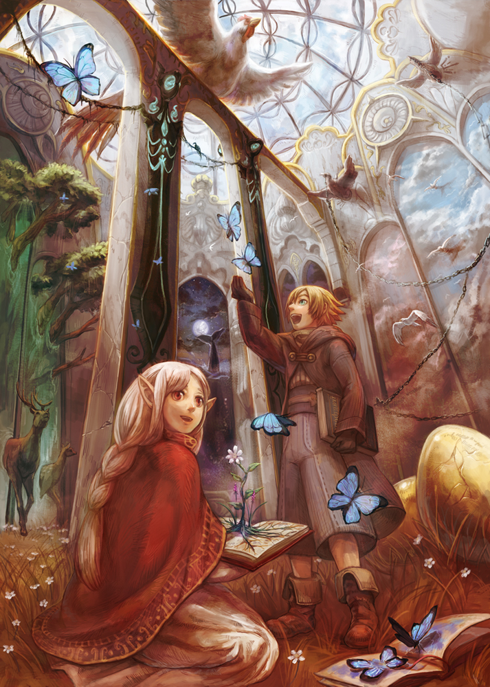 bird blonde_hair book boots braid building butterfly cape chain dress egg fantasy flower flying full_moon gloves grass jacket long_sleeves moon nature night oca pointy_ears red_eyes short_hair silver_hair sitting sky smile standing tree
