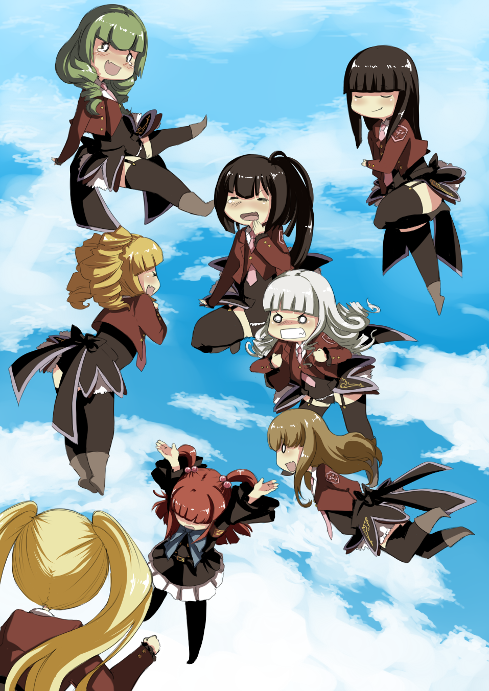 armband asmodeus beelzebub belphegor black_hair black_legwear black_thighhighs blonde_hair blush boots brown_hair chibi cloud clouds fang flying green_hair hair_bobbles hair_ornament highres leviathan_(umineko) long_hair lucifer mammon pleated_skirt red_hair redhead satan skirt stakes_of_purgatory tears thigh-highs thighhighs twintails umineko_no_naku_koro_ni ushiromiya_ange yawning