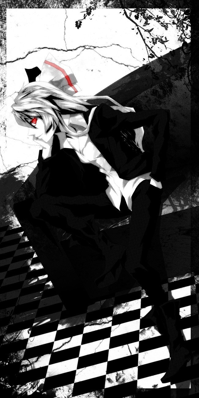 bad_id casual checkered chin_rest contemporary formal fujiwara_no_mokou hand_in_pocket highres jacket long_hair monochrome pant_suit pizaya profile red_eyes s_tanly shirt spot_color suit touhou white_hair white_shirt