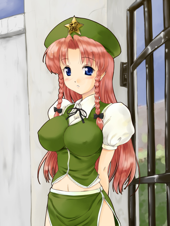 blush braid breasts china_dress chinese_clothes gate hat hong_meiling impossible_clothes impossible_shirt large_breasts long_hair midriff navel nekohane_ryou red_hair redhead ribbon shirt side_slit touhou twin_braids
