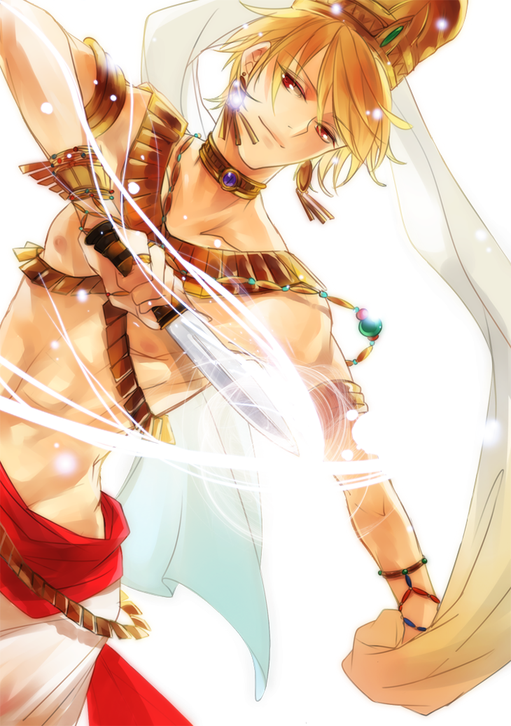 alternate_costume bracelet collar dagger dutch_angle earrings fate/zero fate_(series) gilgamesh hat jewelry knife male necklace red_eyes rum3307 shirtless solo veil weapon white_background