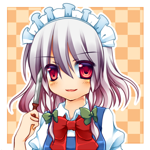 1girl braid izayoi_sakuya knife kujou_mikuru maid maid_headdress red_eyes ribbon short_hair short_sleeves silver_hair solo touhou twin_braids