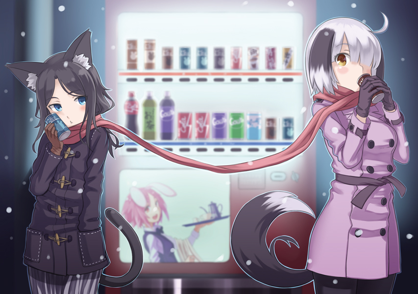 ahoge animal_ears black_hair blue_eyes blush bunny_ears can can_to_cheek cat_ears cat_tail coat dog_ears dog_tail gloves hair_over_one_eye hand_in_pocket mofu multiple_girls original pink_hair scarf shared_scarf short_hair snow tail tray vending_machine white_hair yellow_eyes