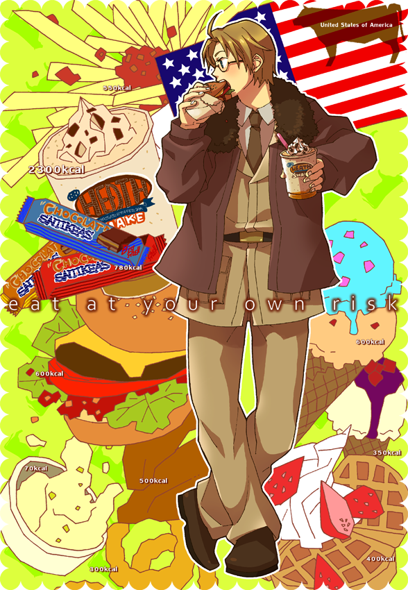 1boy ahoge america america_(hetalia) american_flag axis_powers_hetalia blonde_hair bomber_jacket chocolate chocolate_bar commentary_request cow eating flag food french_fries fruit glasses hamburger ice_cream male mashed_potatoes military military_uniform onion_rings revision serico_(salyut) solo strawberry uniform waffle waffle_(food)