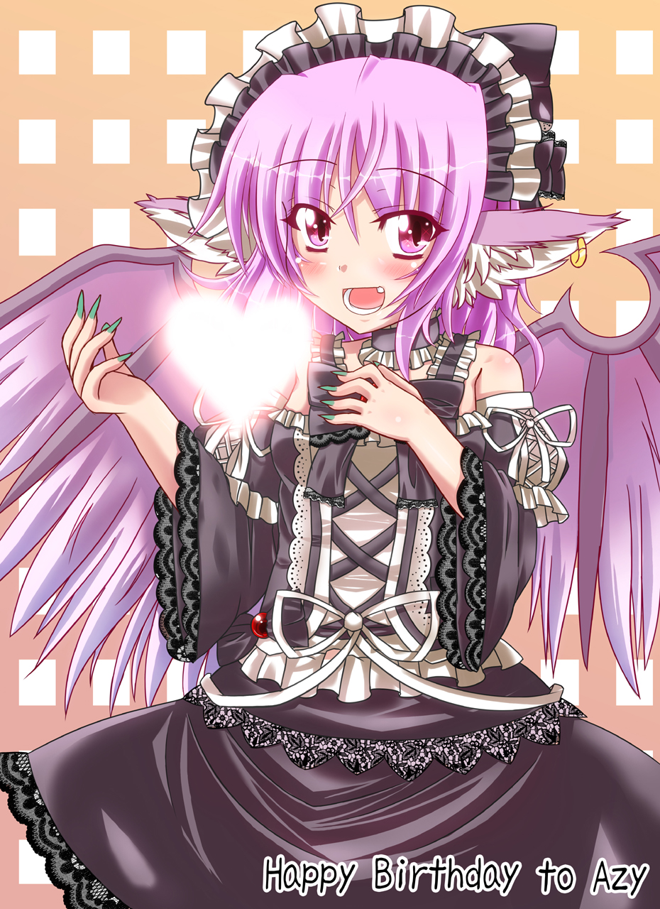 :d animal_ears bare_shoulders blush choker claws cross_mirage_(hirahara) detached_sleeves dress earrings fingernails frills hairband happy_birthday heart highres jewelry lace lolita_fashion long_fingernails mystia_lorelei open_mouth pink_eyes ribbon slit_pupils smile solo touhou wide_sleeves wings