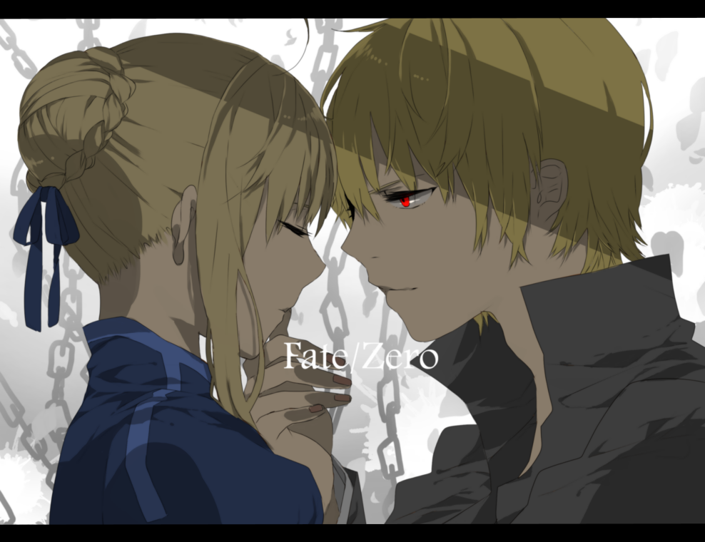 1girl ahoge bad_id blonde_hair closed_eyes eyes_closed fate/stay_night fate_(series) fingernails gilgamesh hair_bun hair_ribbon hand_on_another's_face hand_on_another's_face kurohal letterboxed profile red_eyes ribbon saber