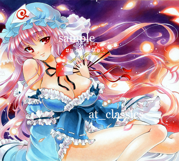 alternate_hairstyle at_classics breasts cleavage fan folding_fan ghost hat hitodama japanese_clothes long_hair marker_(medium) open_clothes petals pink_eyes pink_hair saigyouji_yuyuko sample short_hair sitting smile solo touhou traditional_media triangular_headpiece watermark