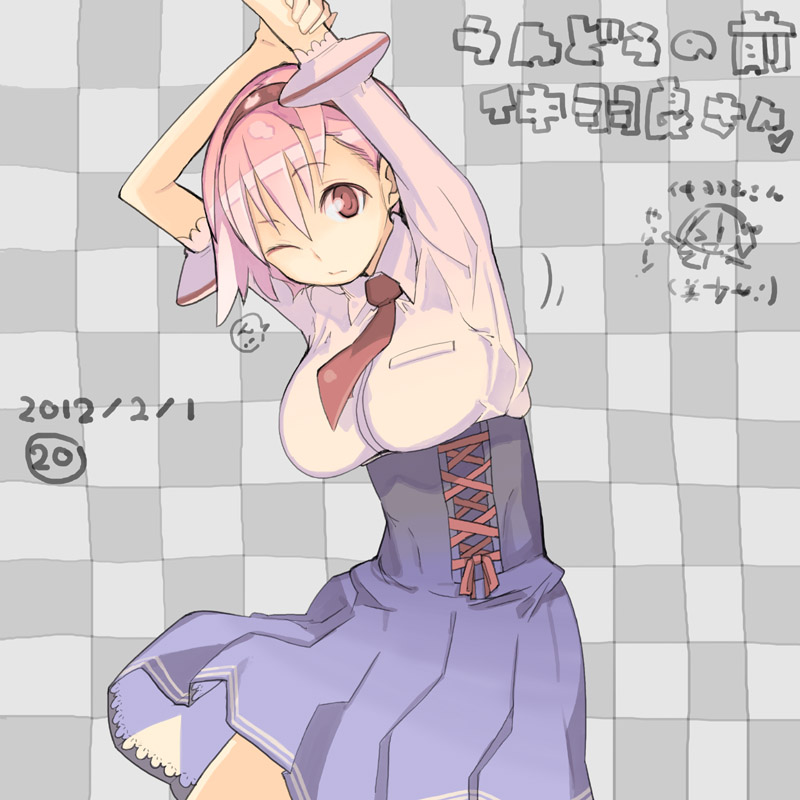 arms_up bow breasts checkered checkered_background chibi chibi_inset dated large_breasts nakahara_(teriyaki) necktie original pink_hair red_eyes school_uniform skirt solo stretch teriyaki translation_request wink