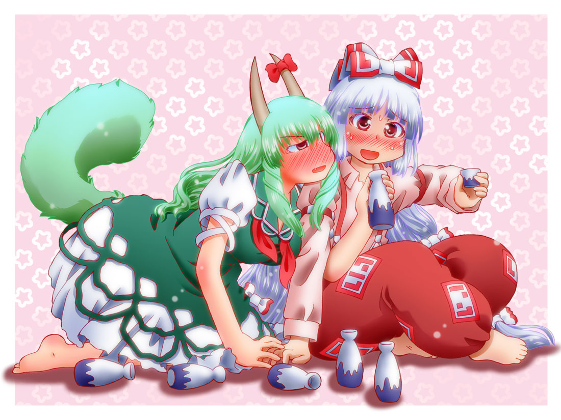 all_fours armband barefoot blush bow breasts crossed_legs dress drunk ex-keine fang fujiwara_no_mokou green_hair hair_bow hand_holding holding_hands horn_ribbon horns kamishirasawa_keine large_breasts legs_crossed long_hair long_sleeves looking_at_another matty_(zuwzi) multiple_girls ofuda open_mouth pants pink_background red_eyes ribbon shirt short_sleeves sitting star starry_background suspenders sweat tail tokkuri touhou very_long_hair white_hair yellow_eyes