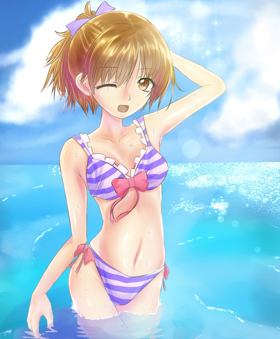 bikini brown_eyes brown_hair feet_in_water hirasawa_ui k-on! ponytail short_hair soaking_feet solo sonyntendo striped striped_bikini striped_swimsuit swimsuit water wink