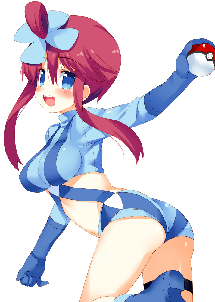 blue_eyes breasts fuuro_(pokemon) gloves hair_ornament holding holding_poke_ball meito_(maze) midriff navel open_mouth poke_ball pokemon pokemon_(game) pokemon_bw red_hair redhead shorts simple_background solo white_background