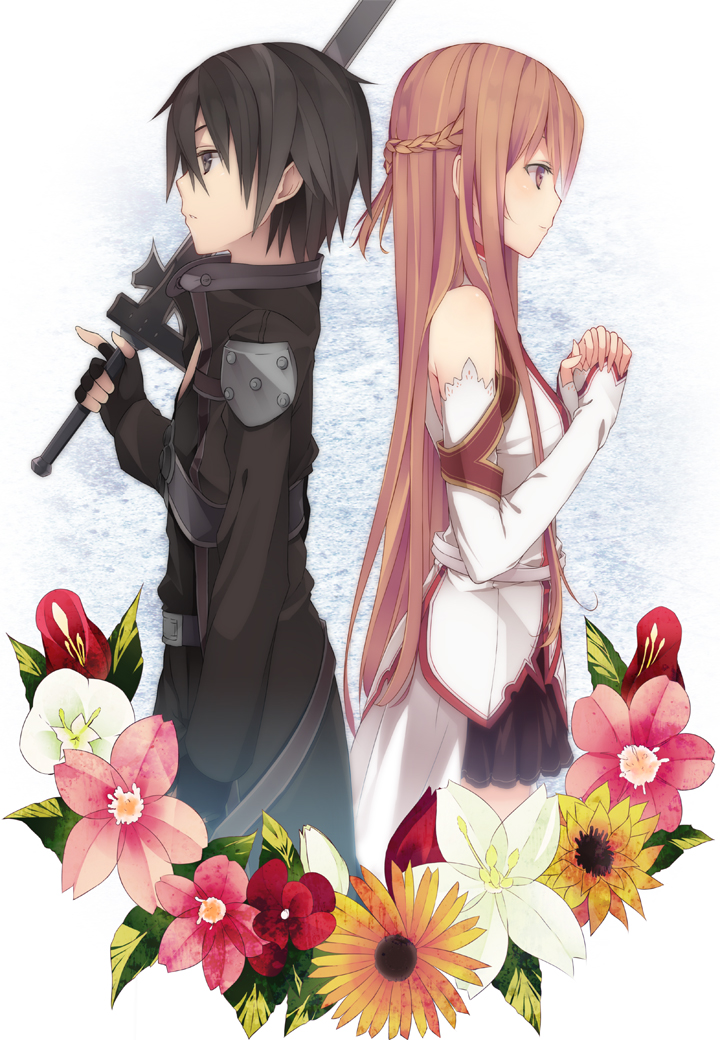 1girl asuna_(sao) back-to-back bad_id black_hair brown_eyes brown_hair detached_sleeves elbow_gloves flower gloves half_updo hands_clasped kirito long_hair minaseyu_no sword sword_art_online weapon yuuki_asuna