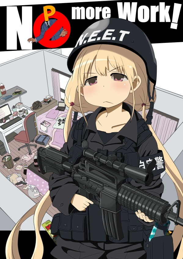 armband assault_rifle blonde_hair brown_hair chiyomi futaba_anzu ghostbusters gun helmet idolmaster idolmaster_cinderella_girls load_bearing_vest long_hair m4_carbine military military_uniform neet producer_(idolmaster) rifle scope twintails uniform very_long_hair weapon