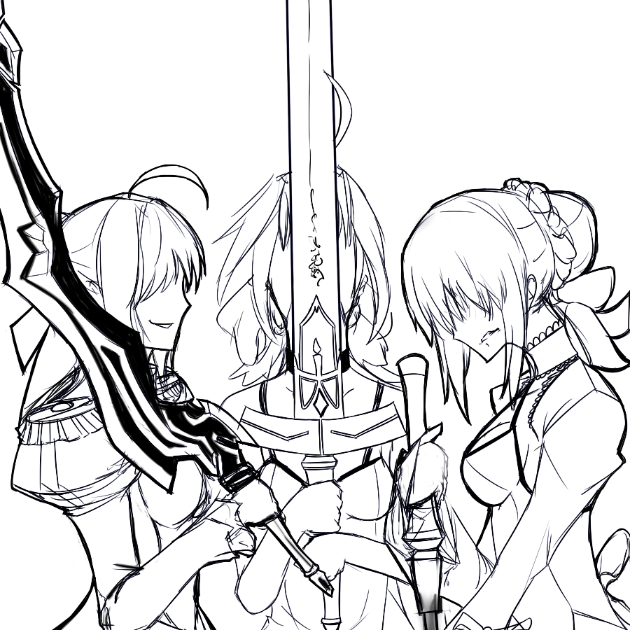 aestus_estus ahoge braid breasts drawfag excalibur fate/extra fate/stay_night fate/unlimited_codes fate_(series) french_braid lineart monochrome multiple_girls multiple_persona no_eyes saber saber_alter saber_extra saber_lily sideboob sword weapon work_in_progress