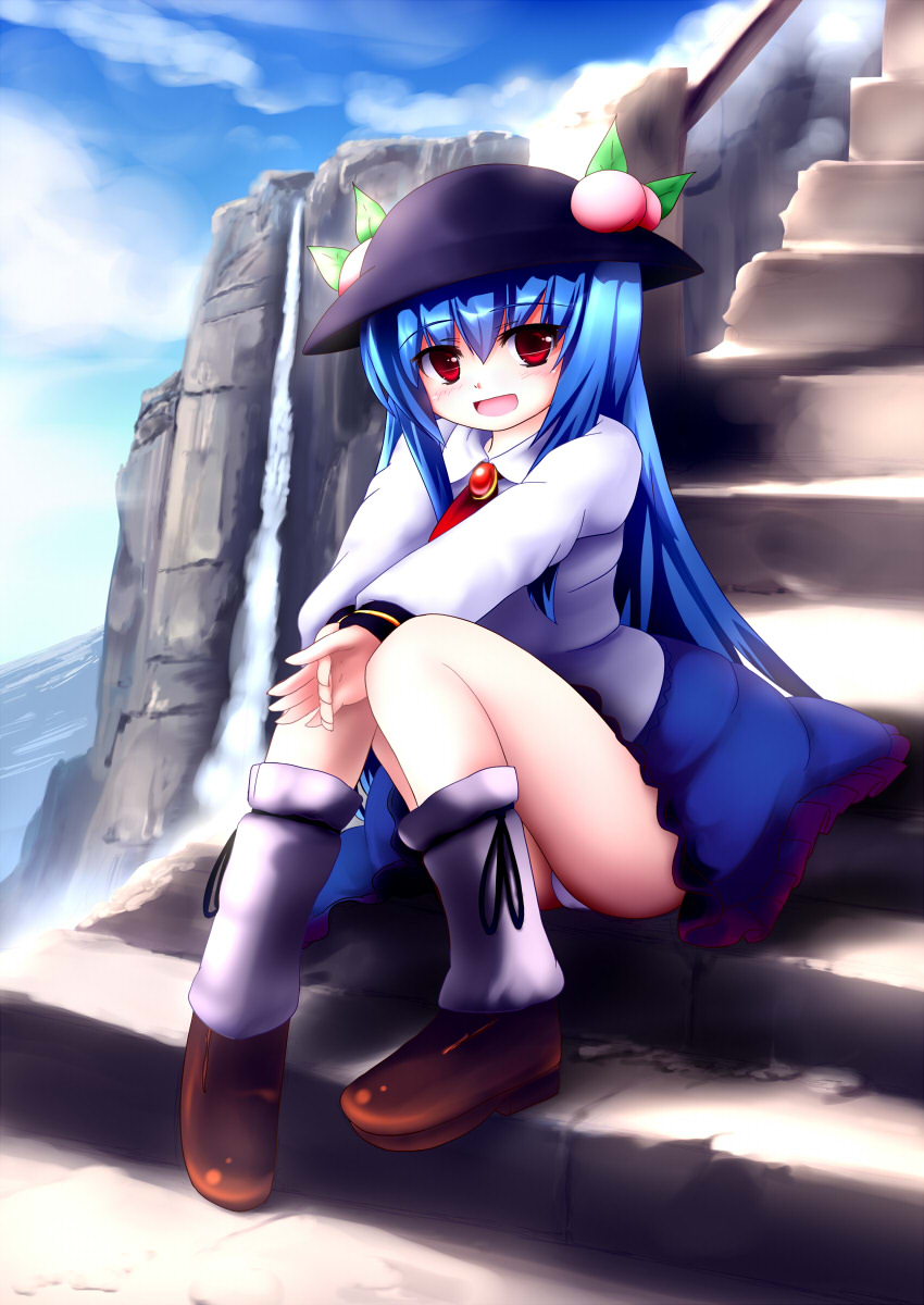 alternate_costume blouse blue_hair blush brooch chipika cloud food footwear fruit hat highres hinanawi_tenshi jewelry long_hair loose_socks mountain open_mouth panties pantyshot pantyshot_(sitting) pantyshot_sitting peach red_eyes shoes sitting skirt sky smile socks solo stairs touhou underwear water waterfall white_legwear