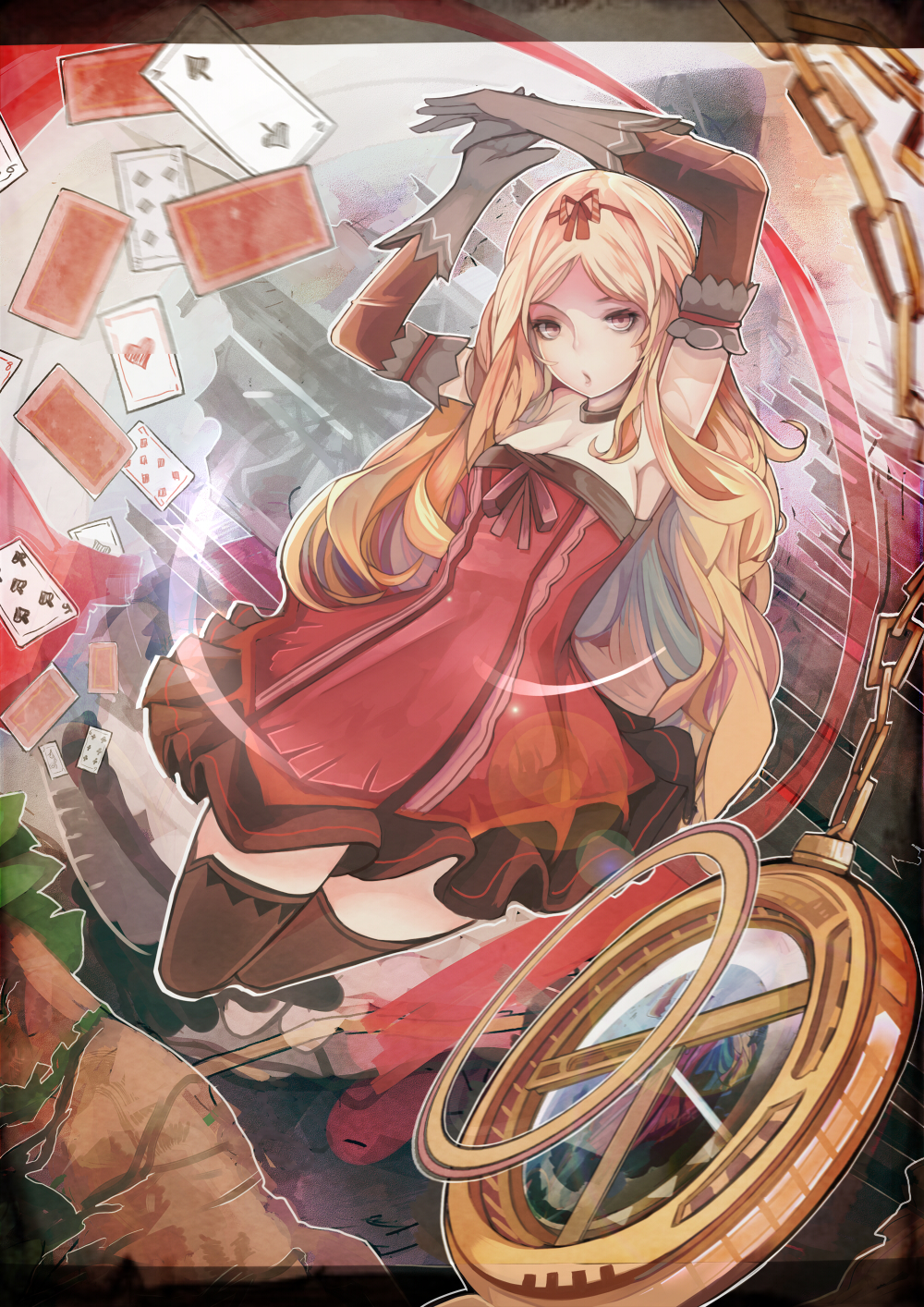 alice_(wonderland) alice_in_wonderland arms_up black_gloves blonde_hair breasts brown_legwear card chain chains cleavage dress gloves highres long_hair playing_card red_eyes ribbon shisu_(binzo3) solo stopwatch thigh-highs thighhighs watch