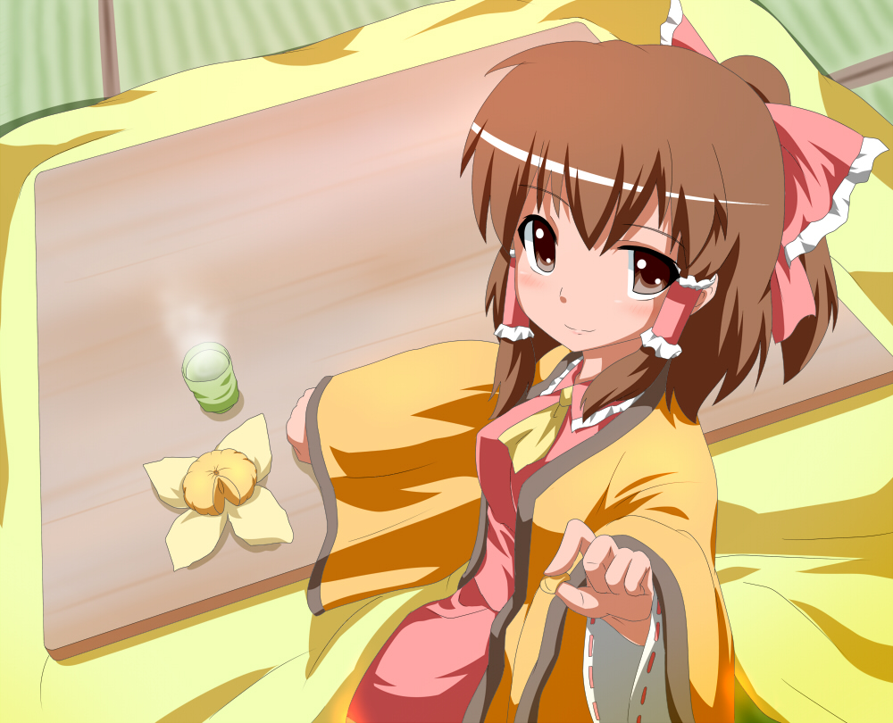 ascot blush bow breasts brown_eyes brown_hair cloak food fruit fueiku glass hair_bow hair_tubes hakurei_reimu japanese_clothes kotatsu looking_at_viewer mandarin_orange ponytail short_hair sitting skirt smile solo steam table tangerine touhou water