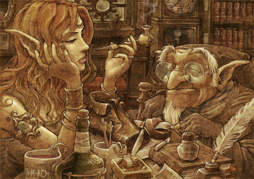 1boy 1girl akio_(artist) armor book bookshelf bottle breasts brown cleavage clock closed_eyes cup eating elf elves eyes_closed facial_hair fantasy fingernails fork glasses hat knife library lips long_hair mug muted_color nail orange_hair original pipe pointy_ears quill quill_pen room shoes smile smoking white_hair