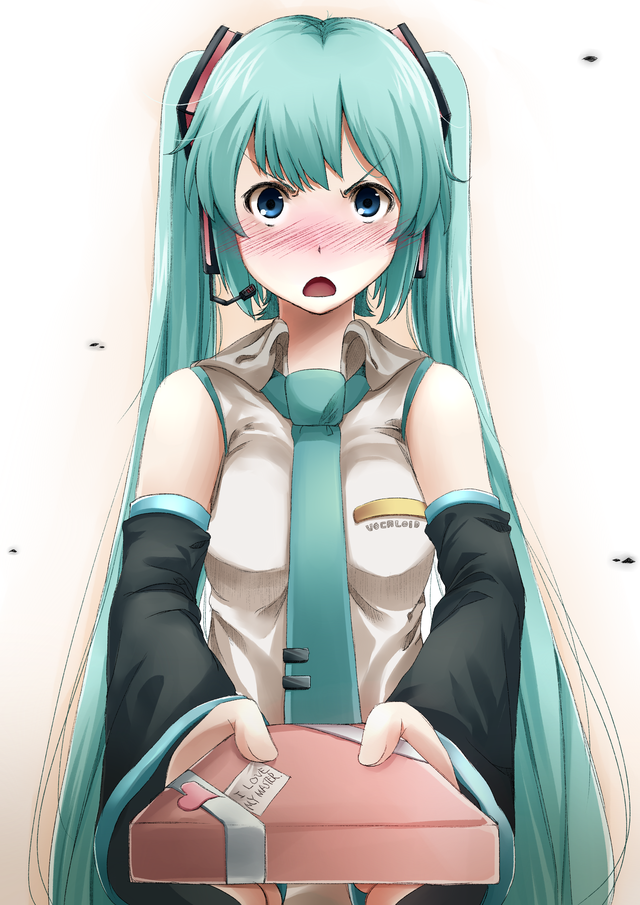 7zu7 aqua_hair blue_eyes blush d: detached_sleeves gift hatsune_miku headset long_hair necktie open_mouth solo twintails valentine very_long_hair vocaloid