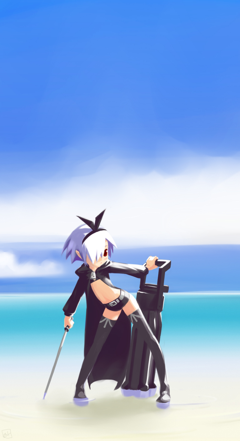 bikini_top black_rock_shooter black_rock_shooter_(character) black_rock_shooter_(cosplay) blue_hair blush_stickers boots cape cosplay crossover disgaea drawfag flat_chest highres hood_down huge_weapon midriff navel ocean pleinair red_eyes short_hair short_shorts shorts signature solo source_request sword thigh-highs thigh_boots thighhighs weapon zettai_ryouiki
