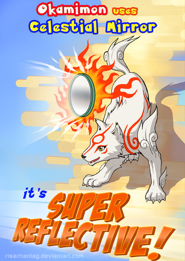 amaterasu animal english facial_mark fire mirror no_humans okami ookami_(game) parody pokemon pun risachantag shadow signature solo wolf yellow_eyes