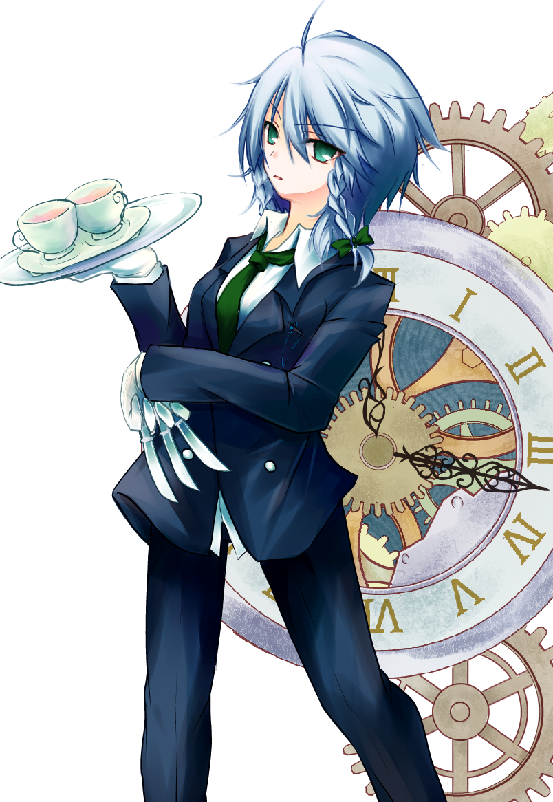 1girl alternate_costume bad_id braid butler clock cup formal gears gloves green_eyes hair_ribbon izayoi_sakuya knife necktie pant_suit plate platter ribbon saucer short_hair silver_hair solo suit teacup touhou tray twin_braids yuuhagi_(amaretto-no-natsu)