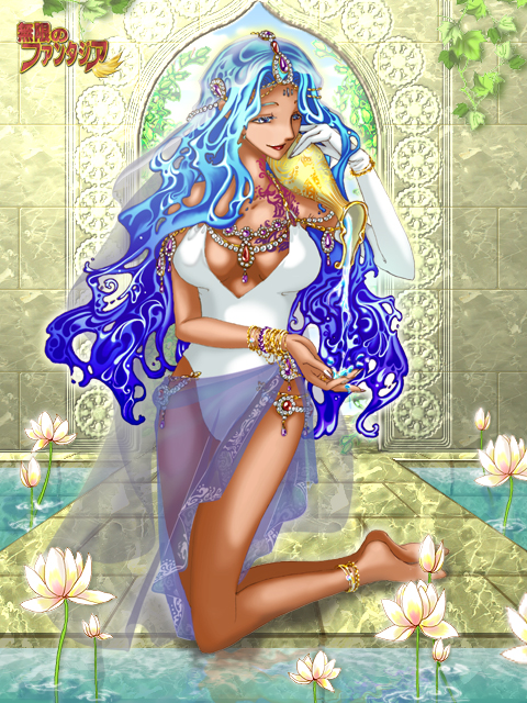 anklet bare_legs barefoot blue_hair bracelet dark_skin earrings feet flower gourd hair_ornament india jewelry long_hair lotus mugen_no_fantasia necklace one-piece_swimsuit ring sarong sash soles swimsuit veil water