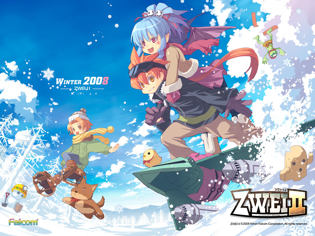 1024x768 2008 2girls airplane alwen_du_moonbria bird blue_background blue_hair brown_eyes brown_hair coat exmachina falcom gloves goggles goggles_on_head long_hair multiple_girls official_art orange_hair pants ponytail ragna_valentine red_eyes short_hair smile snowman title_drop wallpaper winter zwei!! zwei_2