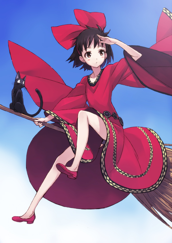 1girl bare_legs black_cat black_hair blush blush_stickers bow broom broom_riding brown_eyes cat dress hair_bow jiji_(majo_no_takkyuubin) kiki long_sleeves majo_no_takkyuubin matsuryuu short_hair solo studio_ghibli wide_sleeves witch