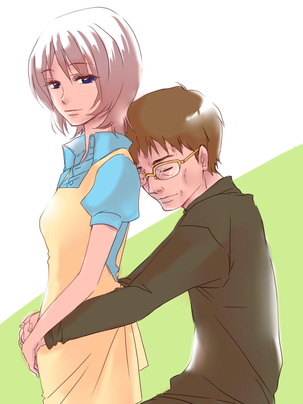 blue_eyes brown_hair closed_eyes couple eyes_closed formal glasses hand_holding hand_on_waist head_on_shoulder highres holding_hands husband_and_wife ikari_gendou ikari_yui masaki3 neon_genesis_evangelion no_beard over-rim_glasses pregnant semi-rimless_glasses short_hair suit yellow-framed_glasses young
