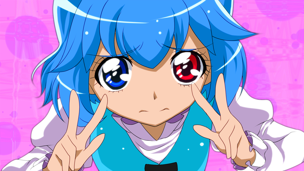 anime_coloring arms_up bad_id blue_hair bust cure_peace_pose double_v face heterochromia hori_daikon parody posing precure shirt short_hair smile_precure! solo tatara_kogasa touhou v vest victory_pose