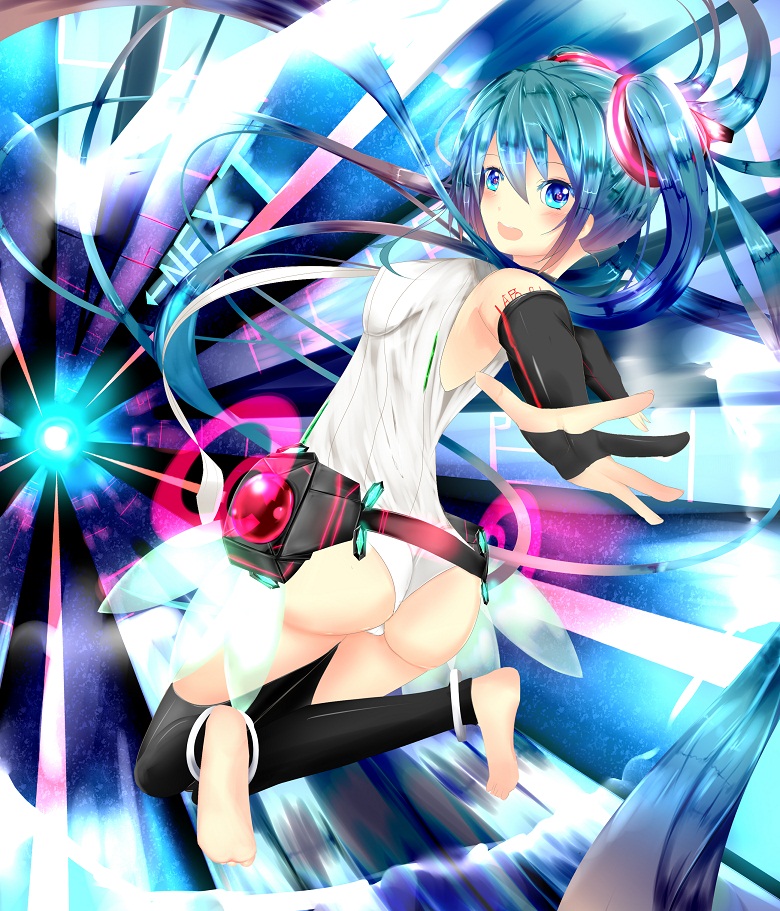 ass barefoot belt blue_eyes blue_hair bridal_gauntlets elbow_gloves fingerless_gloves gloves hatsune_miku hatsune_miku_(append) kitamuraeri long_hair looking_at_viewer looking_back miku_append necktie open_mouth smile solo twintails very_long_hair vocaloid vocaloid_(tda-type_ver) vocaloid_append