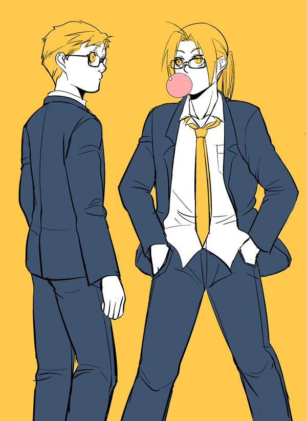 alphonse_elric alternate_costume bespectacled blonde_hair brothers bubblegum edward_elric fullmetal_alchemist glasses hands_in_pockets jacket multiple_boys necktie pai_(1111) ponytail school_uniform siblings yellow_background yellow_eyes