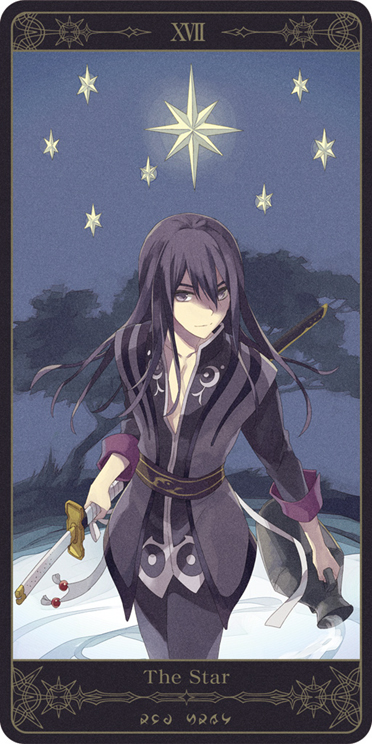 black_eyes black_hair blue_background coat long_hair male motoko_(ambiy) pants rounded_corners smile solo star sword tales_of_(series) tales_of_vesperia tarot the_star urn weapon yuri_lowell