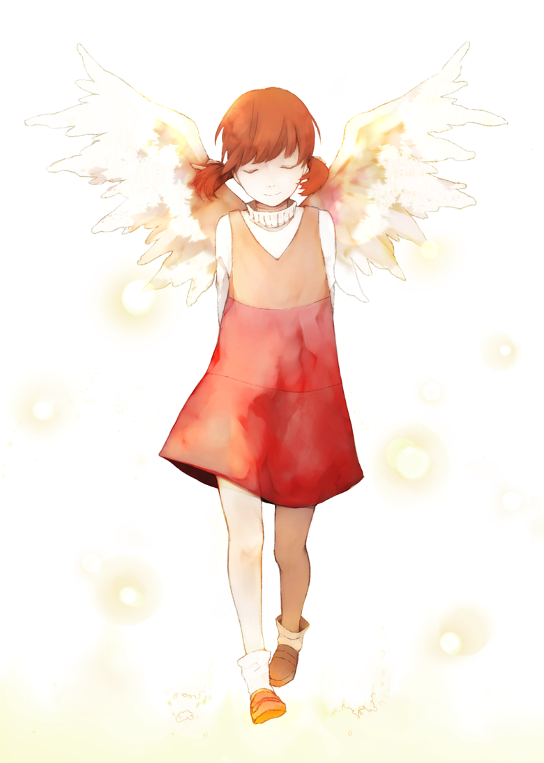 angel_wings arms_behind_back child closed_eyes doujima_nanako dress eyes_closed footwear full_body hair_ribbon lens_flare light_particles persona persona_4 ribbon short_hair short_twintails simple_background socks solo striped striped_dress twintails walking white_background wings yuzuaki