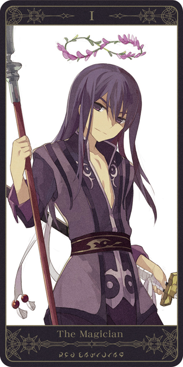 black_eyes black_hair coat flower infinity infinity_sign long_hair male motoko_(ambiy) polearm rounded_corners smile solo spear sword tales_of_(series) tales_of_vesperia tarot the_magician weapon white_background yuri_lowell
