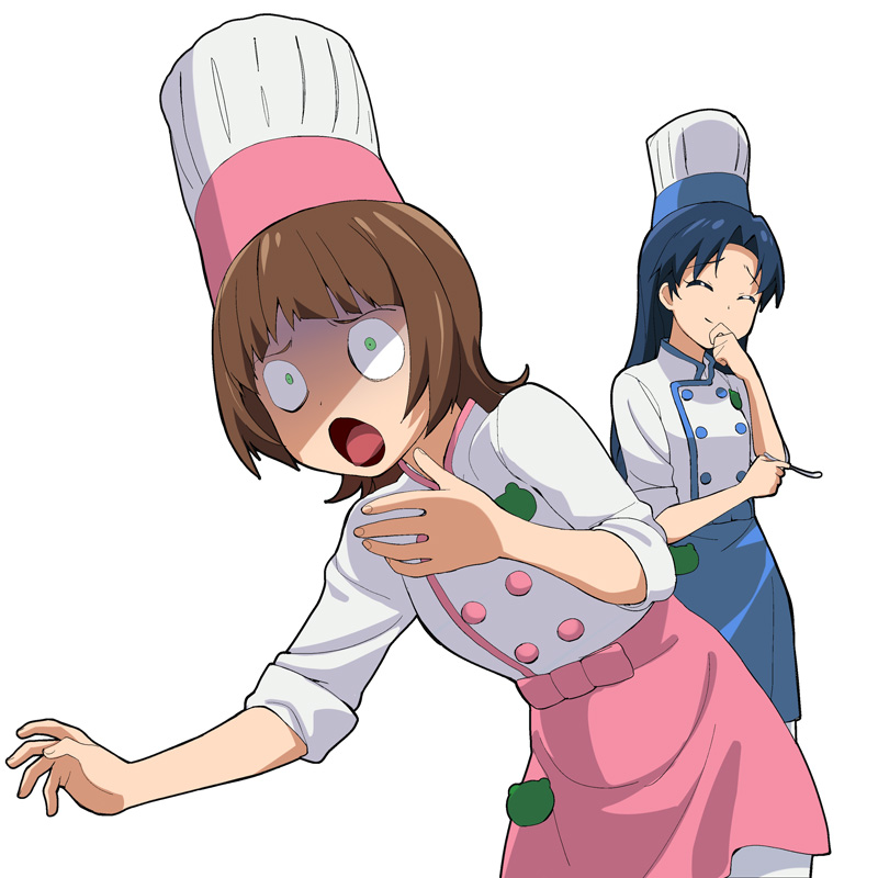 :o a1 amami_haruka apron blue_hair brown_hair chef_hat closed_eyes constricted_pupils eyes_closed giggling hat holding_spoon idolmaster imai_asami kisaragi_chihaya long_hair multiple_girls nakamura_eriko open_mouth seiyuu_connection short_hair simple_background sleeves_pushed_up spoon toque_blanche turn_pale wide-eyed