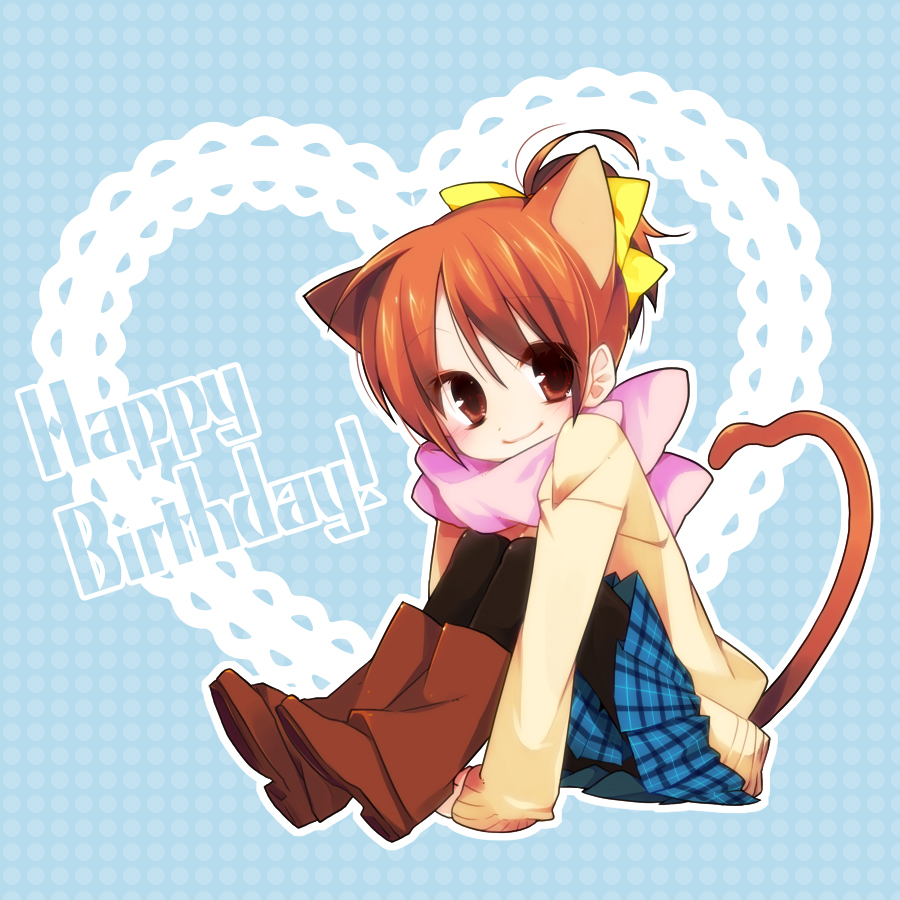 animal_ears boots brown_eyes brown_hair cat_ears happy_birthday hirasawa_ui k-on! pantyhose plaid plaid_skirt ponytail scarf short_hair skirt solo tail ume_(pickled_plum)