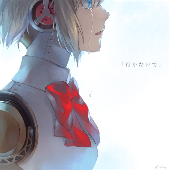 aegis android artist_name blonde_hair blue_eyes border bow bust cyborg face headphones open_mouth persona persona_3 profile robinexile robot_joints short_hair signature solo tears text translated