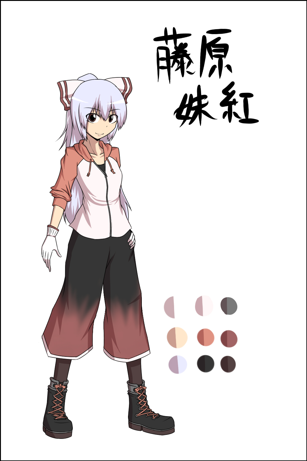 alternate_costume bow fujiwara_no_mokou gloves hair_bow highres long_hair pants rapid_inaba red_eyes silver_hair sleeves_pushed_up smile solo sweater touhou