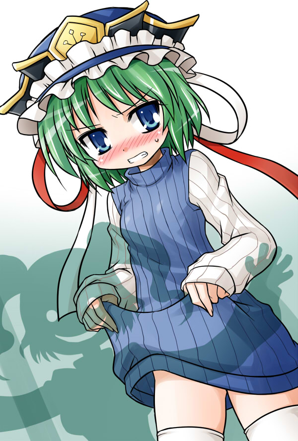 1girl akou_roushi blue_eyes blush bottomless green_hair hat multiple_girls naked_sweater no_panties no_pants onozuka_komachi ribbed_sweater shadow shikieiki_yamaxanadu solo sweater thigh-highs thighhighs touhou white_legwear