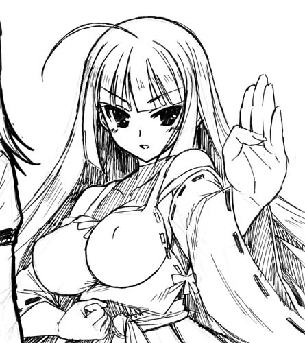 ahoge bare_shoulders breasts clenched_fist clenched_hand detached_sleeves fighting_stance graphite_(medium) halterneck japanese_clothes large_breasts long_hair lowres m.u.g.e.n miko monochrome nontraditional_miko original sendai_hakurei_no_miko solo touhou traditional_media umyonge_(lkakeu) wide_sleeves