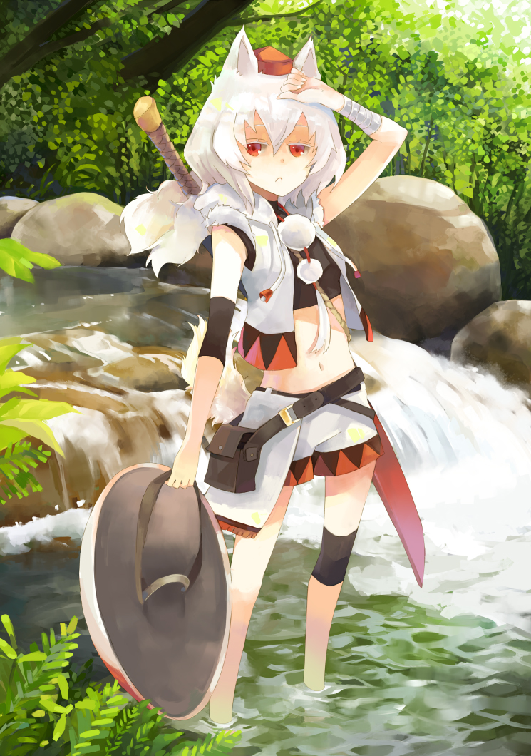 adapted_costume alternate_costume animal_ears bag bandage bandages hand_on_forehead hao_(patinnko) hat inubashiri_momiji midriff navel red_eyes river satchel scabbard sheath shield short_hair shorts silver_hair solo stone sword tail tokin_hat touhou wading water weapon white_hair wolf_ears wolf_tail