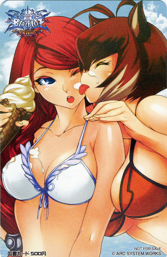 :o ahoge animal_ears arc_system_works artist_request bare_shoulders between_breasts bikini_top blazblue blue_eyes breasts brown_hair bust cleavage closed_eyes cloud dripping eyes_closed food front-tie_top ice_cream large_breasts licking long_hair makoto_nanaya multiple_girls official_art open_mouth red_hair redhead scan short_hair sky squirrel_ears swimsuit tongue toshocard tsubaki_yayoi very_long_hair wink yuri